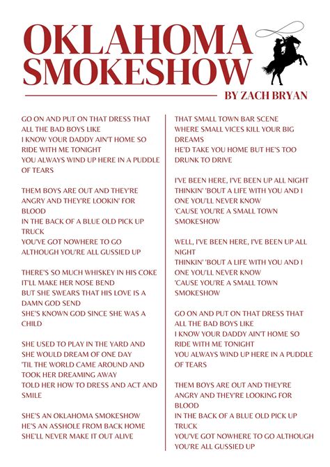Oklahoma Smokeshow Lyrics. Oklahoma Smokeshow (Live) - Zach Bryan [00:01] Lyrics by：Zachary Lane Bryan [00:15] Go on and put on that dress that all the bad boys like [00:19] I know your daddy ain't home so ride with me tonight [00:23] You always wind up here in a puddle of tears [00:30] Them boys are out and they're angry …